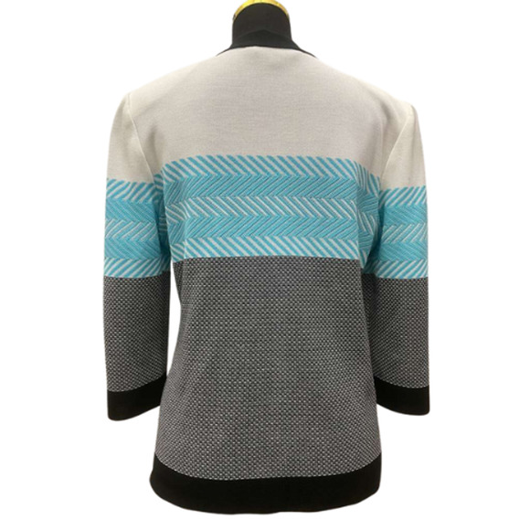 Ming Wang M Knit Jacket Sweater White Aqua Black Zigzag 3/4 Sleeve Zip Cardigan - Picture 4 of 9